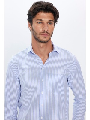 Tudors Erkek Regular Fit Klasik Kesim Tek Cepli Çizgili Beyaz İtalyan Yaka Gömlek