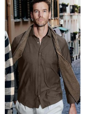 Tudors Erkek Regular Fit Klasik Kesim Kravatlık Armürlü Haki Gömlek