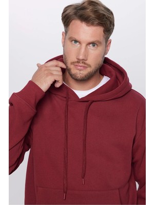 Tudors Unisex Oversize Geniş Kesim Pamuklu Yumuşak Dokulu Içi Polarlı Basic Bordo Kapüşonlu Sweatshirt