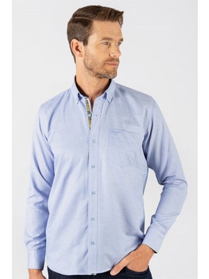 Tudors Erkek Regular Fit Klasik Kesim Pamuklu Oxford Doku Tek Cepli Mavi Düğmeli Yaka Gömlek