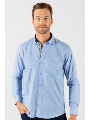 Tudors Erkek Regular Fit Klasik Kesim Pamuklu Oxford Doku Tek Cepli Mavi Düğmeli Yaka Gömlek