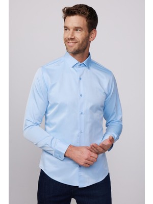 Tudors Slim Fit Uzun Kollu Pamuklu Düz Erkek Mavi Gömlek