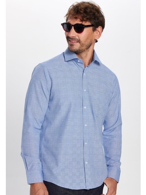 Tudors Erkek Regular Fit Klasik Kesim Pamuklu Kolay Ütü Çizgili Mavi Gömlek