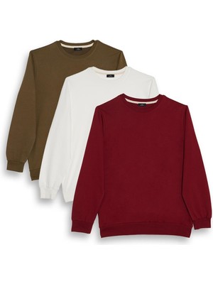 Tudors Erkek 3'lü Haki-Beyaz-Bordo Relax Fit Rahat Kesim %100 Pamuk 2 İplik Bisiklet Yaka Sweatshirt
