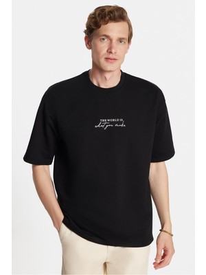 Tudors Erkek Oversize Geniş Kesim Pamuklu Baskılı Bisiklet Yaka Siyah Tişört