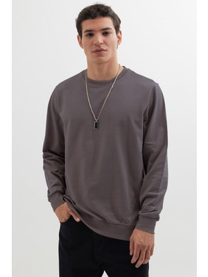 Tudors Erkek Relax Fit Rahat Kesim %100 Pamuk 2 İplik Bisiklet Yaka Koyu Gri Sweatshirt