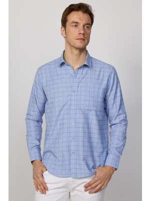 Tudors Erkek Regular Fit Klasik Kesim Pamuklu Kolay Ütü Çizgili Mavi Gömlek