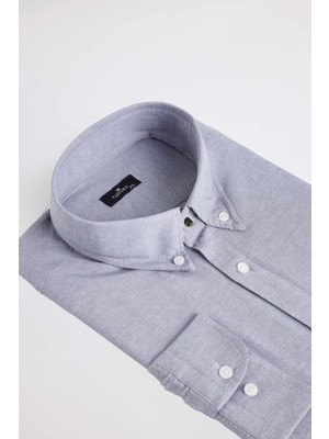 Tudors Büyük Beden Uzun Kollu Oxford Doku Yaka Düğmeli Cepli Nakışlı Gri Erkek Gömlek