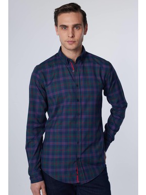 Tudors Erkek Slim Fit Dar Kesim Uzun Kollu Pamuklu Kolay Ütü Kareli Düğmeli Yaka Gömlek