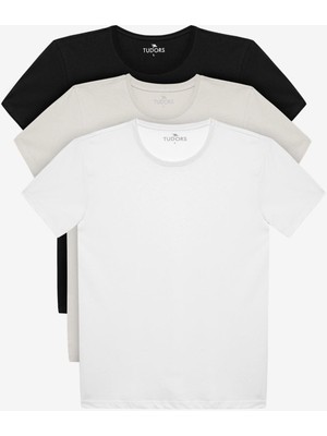 Tudors Unisex 3'lü Paket Siyah-Beyaz-Taş Rengi Slim Fit Dar Kesim %100 Pamuk Bisiklet Yaka Tişört