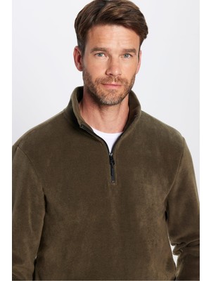 Tudors Unisex Standart Fit Anti-pilling Tüylenme Yapmayan Soğuk Geçirmez Haki  Dik Yaka Polar Sweatshirt