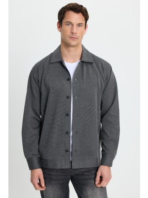 Tudors Erkek Relax Fit Rahat Kesim Düğmeli Yandan Cepli Örme Koyu Gri Ceket Gömlek