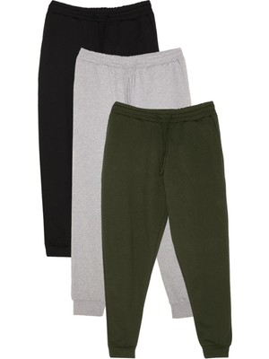 Tudors Erkek 3'lü Paket Siyah-Gri-Haki Regular Fit Beli Bağcıklı Jogger Cepli Lastikli Paça Eşofman Altı
