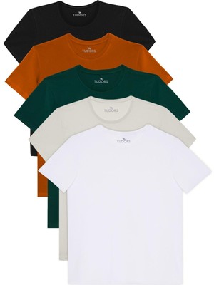 Tudors Unisex 5'li Paket Siyah-Beyaz-Taş-Tarçın-Z.Yeşil Slim Fit Dar Kesim %100 Pamuk Bisiklet Yaka Tişört​