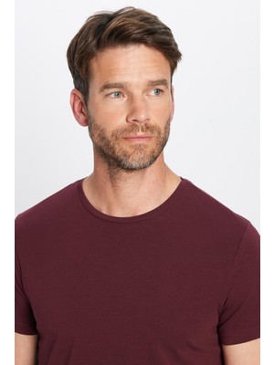 Tudors Erkek Slim Fit Dar Kesim Pamuklu Yumuşak Doku Likralı Esnek Kumaş Basic Bordo Bisiklet Yaka Tişört