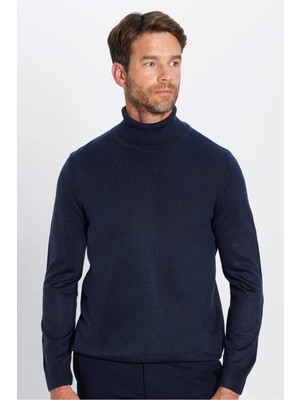 Tudors Erkek Slim Fit Dar Kesim Yumuşak Dokulu Tüylenmeyen Lacivert Tam Balıkçı Yaka Triko Kazak