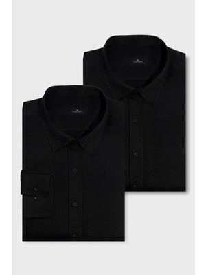 Tudors 2'li Paket Siyah Slim Fit Kolay Ütü Teri Emen Nefes Alan Doku Dört Mevsim Erkek Gömlek