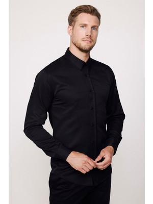 Tudors Modern Slim Fit Uzun Kollu Pamuklu Kolay Ütü Armürlü Erkek Siyah Gömlek