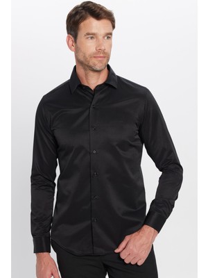 Tudors Erkek Slim Fit Dar Kesim Pamuklu Düz Siyah Gömlek