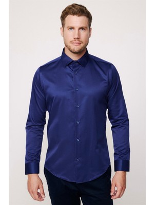 Tudors Slim Fit Uzun Kollu Pamuklu Düz Erkek Lacivert Gömlek