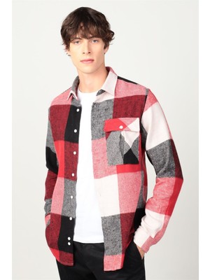 Tudors Slim Fit Uzun Kollu Büyük Kareli Büyük Cep Kışlık Oduncu Erkek Kırmızı Gömlek