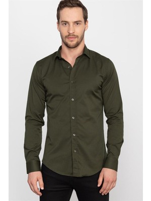 Tudors Slim Fit Uzun Kollu Likralı Düz Pamuk Saten Erkek Haki Gömlek