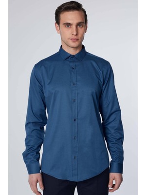 Tudors Slim Fit Uzun Kollu Likralı Düz Pamuk Saten Erkek Mavi Gömlek