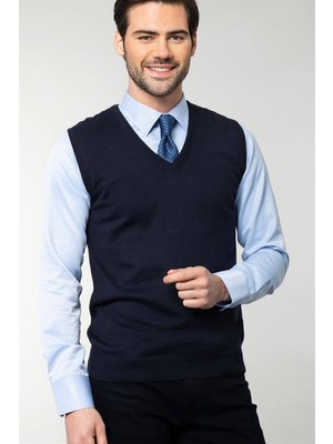 Tudors Erkek Slim Fit V Yaka Kendinden Desenli Lacivert Süveter