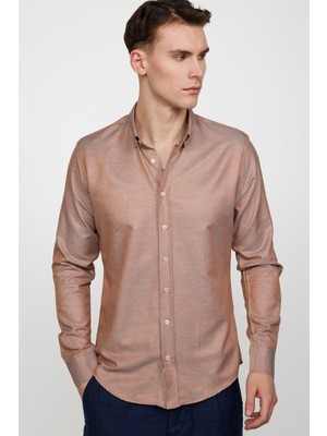 Tudors Slim Fit Uzun Kollu Düğmeli Yaka Pamuklu Kolay Ütü Düz Erkek Gömlek