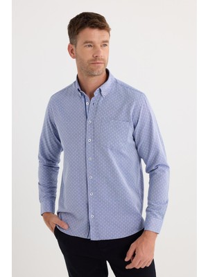 Tudors Erkek Regular Fit Klasik Kesim Pamuklu Kolay Ütü Armürlü Mavi Düğmeli Yaka Gömlek