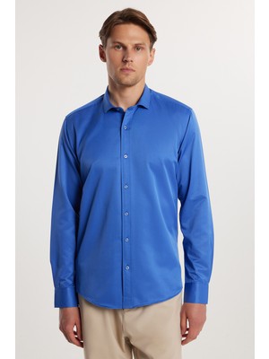 Tudors Modern Slim Fit Uzun Kollu Düz Saten Pamuklu Erkek Sax Mavi Gömlek
