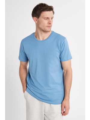 Tudors Unisex Slim Fit Dar Kesim %100 Pamuk Yumuşak Dokulu Mavi Bisiklet Yaka Tişört