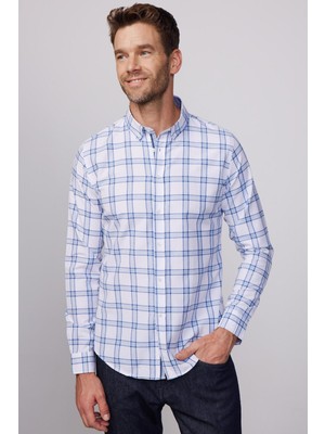 Tudors Erkek Slim Fit Dar Kesim Uzun Kollu Pamuklu Kolay Ütü Kareli Düğmeli Yaka Gömlek