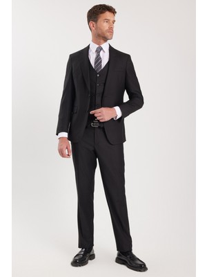 Tudors Erkek Slim Fit Siyah Esnek Likralı Kumaş Sivri Yaka Yelekli Takım Elbise