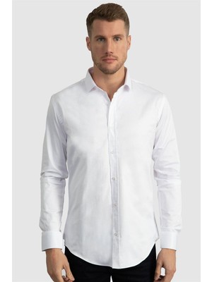 Tudors Slim Fit Uzun Kollu Likralı Düz Pamuk Saten Erkek Beyaz Gömlek