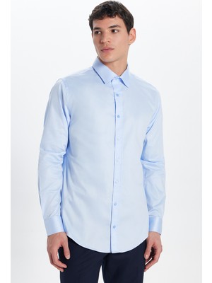 Tudors Erkek Slim Fit %100 Pamuk Koton Saten Premium Mavi Gömlek