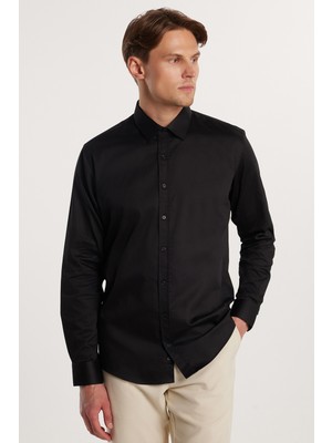 Tudors Modern Slim Fit Uzun Kollu Pamuk Saten Premium Seri Erkek Siyah Gömlek