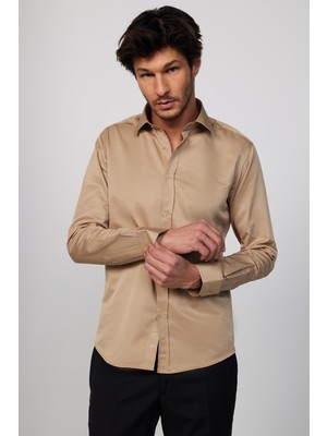 Tudors Erkek Modern Slim Fit Düz Saten Pamuklu Krem Gri Gömlek
