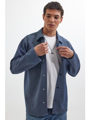 Tudors Erkek Relax Fit Rahat Kesim Çift Cepli Örme Lacivert Apaş Yaka Gömlek