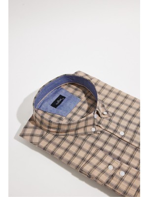 Tudors Erkek Big Size Büyük Beden Düğmeli Yaka Küçük Kareli Pamuklu Gömlek