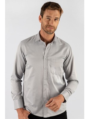 Tudors Klasik Fit Uzun Kollu Pamuklu Kolay Ütü Armürlü Erkek Gri Gömlek