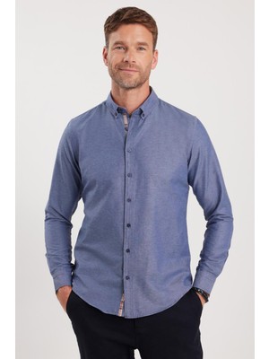 Tudors Erkek Slim Fit Dar Kesim Uzun Kollu Pamuklu Oxford Doku Lacivert Düğmeli Yaka Gömlek