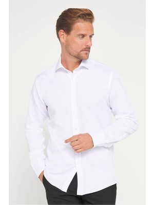 Tudors Modern Slim Fit Uzun Kollu Pamuklu Kolay Ütü Armürlü Erkek Beyaz Gömlek