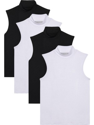 Tudors Kadın 4'lü Paket Siyah-Beyaz Regular Fit Viskon Kumaş Balıkçı Yaka Sıfır Kol Bluz