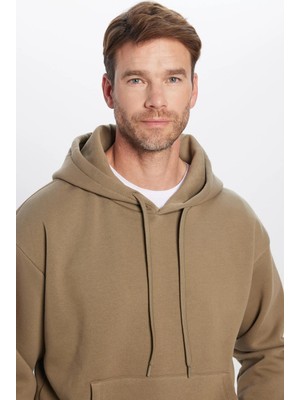 Tudors Unisex Oversize Geniş Kesim Pamuklu Yumuşak Dokulu İçi Polarlı Basic Haki Kapüşonlu Sweatshirt