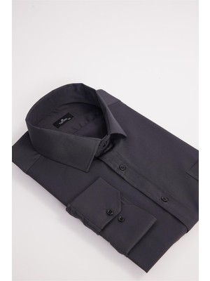 Tudors Erkek Big Size Büyük Beden Uzun Kollu Pamuklu Tek Cepli Saten Antrasit Gömlek