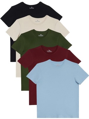 Tudors Unisex 5'li Paket Lacivert-Taş-Haki-Bordo-A.Mavi Slim Fit Dar Kesim %100 Pamuk Bisiklet Yaka Tişört