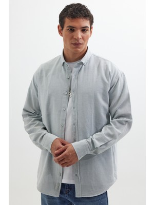 Tudors Erkek Relax Fit Rahat Kalıp Uzun Kollu %100 Pamuk Düğmeli Spor Yaka Mavi Gömlek