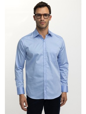 Tudors Erkek Regular Fit Klasik Kesim %100 Pamuk Saten Tek Cepli Mavi Gömlek
