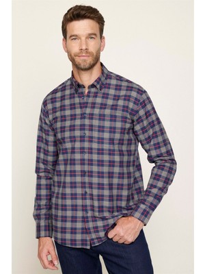 Tudors Erkek Regular Fit Klasik Kesim Düğmeli Yaka Küçük Kareli Pamuklu Gömlek